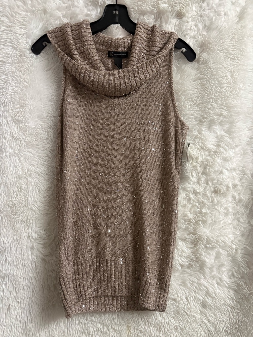 INC International Concepts Taupe Sleeveless Sequin Cowl Neck Sweater